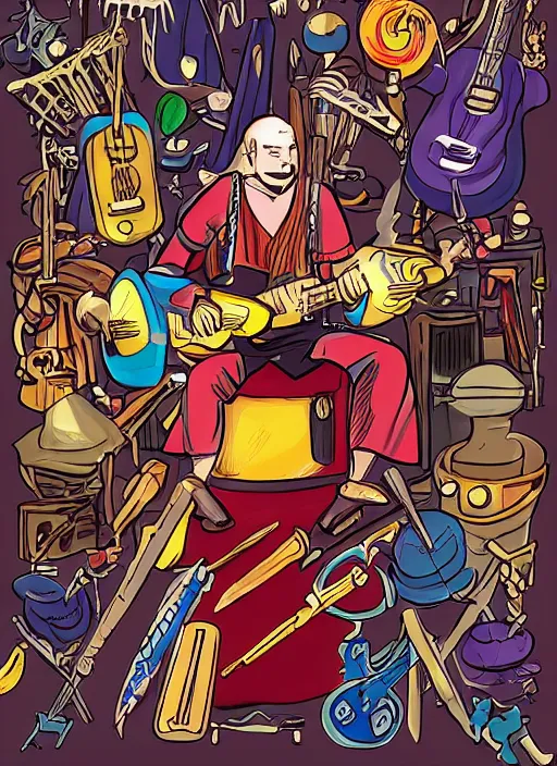 Image similar to a wizard character surrounded by many musical instruments, action, epic, comic book cover