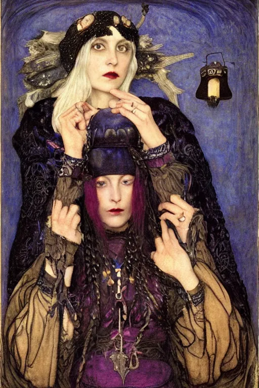 Prompt: portrait of the last goth witch with her lantern and regalia, by Annie Swynnerton and Nicholas Roerich and John Bauer and John William Godward and Donato Giancola and Vermeer, black leather and embroidered velvet, iridescent beetles, rich color, ornate headdress, flowing robes, lost runes, ancient civilizations, dramatic cinematic lighting, featured on Artstation, extremely detailed