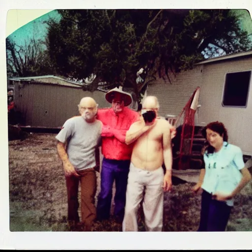 Prompt: found polaroid photo of trash humpers in the trailer park