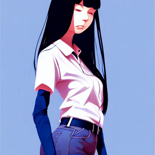 Image similar to urban high school girl in shirt fanart, dark blue long hair, muted colors, matte print, pastel colors, ornate, digital art, digital painting, fan art, elegant, artstation, by Ilya Kuvshinov