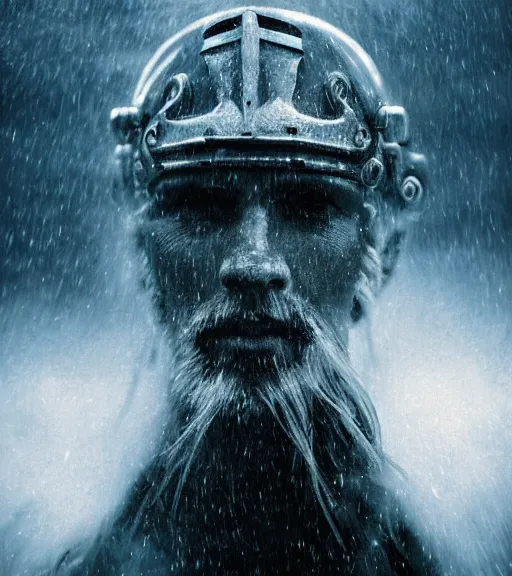 Image similar to knight, norway fjord, extreme close up portrait, hudson river school, max rive, armor made of ocean, stormy seas, beautiful, bokeh, female, snowy, storm clouds, god rays, extreme close up portrait, d & d, fantasy, elegant, low key color palette, concept art, roger deakins and greg rutkowski and alphonse mucha