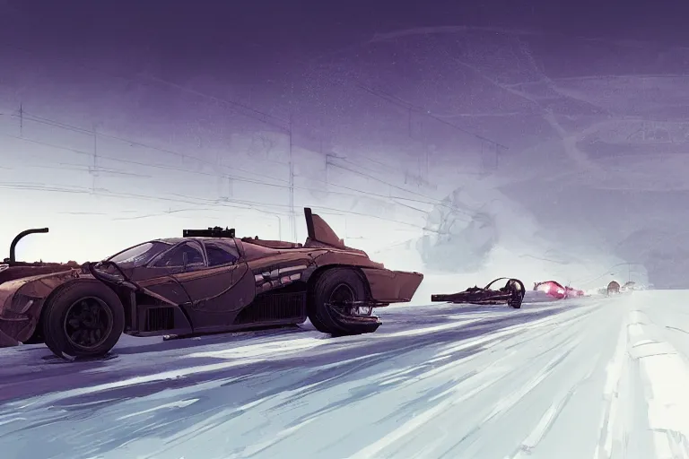 Prompt: dieselpunk digital illustration of mad max's military mclaren f 1 speeding across a frozen lake by makoto shinkai, ilya kuvshinov, lois van baarle, rossdraws, basquiat