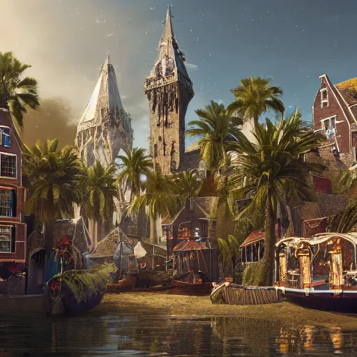 Prompt: a festive seaside magical village with witches and wizards, knights and scholars, inspired by victorian england and amsterdam, palm trees, highly detailed, intricate, digital painting, trending on artstation, concept art, matte painting, art by greg rutkwowski, craig mullins, octane render, 8 k, unreal engine