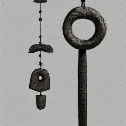 Prompt: This is a sketch of a wind chime made from the pieces of a broken mug. It shows the mug handle as the top piece with strings attached to it, and the bottom pieces of the mug hanging down like little bells, sketch, illustration, artstation