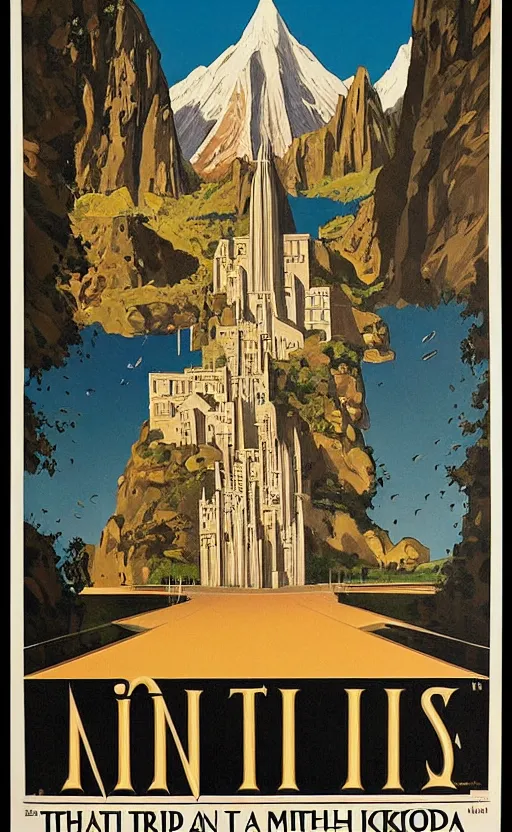 Image similar to art deco travel poster of minas tirith, framed poster