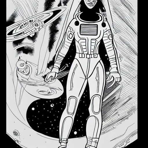 Image similar to clean simple line art of a woman wearing a space suit. no background. well composed, clean coloring book page, beautiful detailed face. coloring book line art by mike mignola