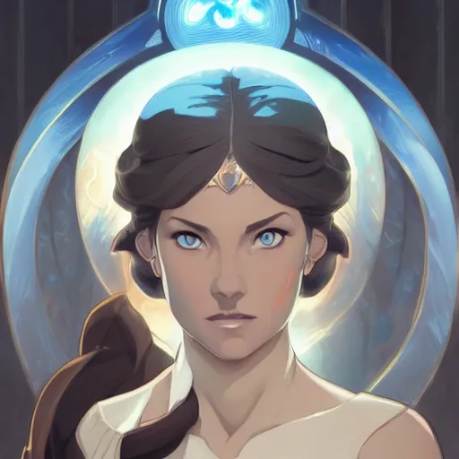 Image similar to Portrait of Avatar Korra, Legend of Korra, blue eyes, intricate, elegant, highly detailed, digital painting, artstation, concept art, smooth, sharp focus, illustration, art by artgerm and greg rutkowski and alphonse mucha