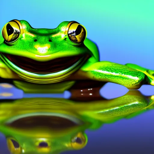 Image similar to The Wednesday frog and all his orbs hanging out, high quality render, realistic reflections, reflective surfaces, natural lighting, the orbs of BYOB, The Wednesday Frog, background details, highly a detailed, hyper realistic, orbs, orbs, orbs!!!