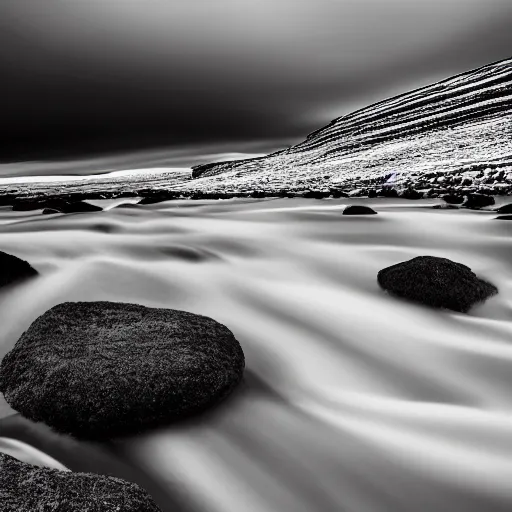 Image similar to minimalist black and white photograph of an icelandic valley, time exposure, of a river, sharp tall pillars, sharp rocks