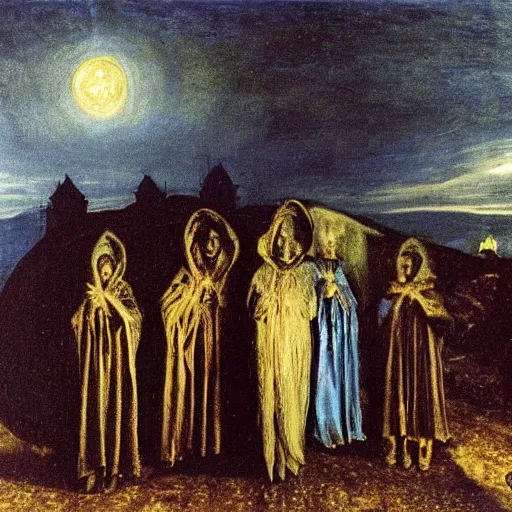 Image similar to A Holy Week procession of four souls in a Spanish landscape at night. A figure at the front holds a cross. El Greco, Remedios Varo, Salvador Dali, Carl Gustav Carus, John Atkinson Grimshaw. Blue tint.