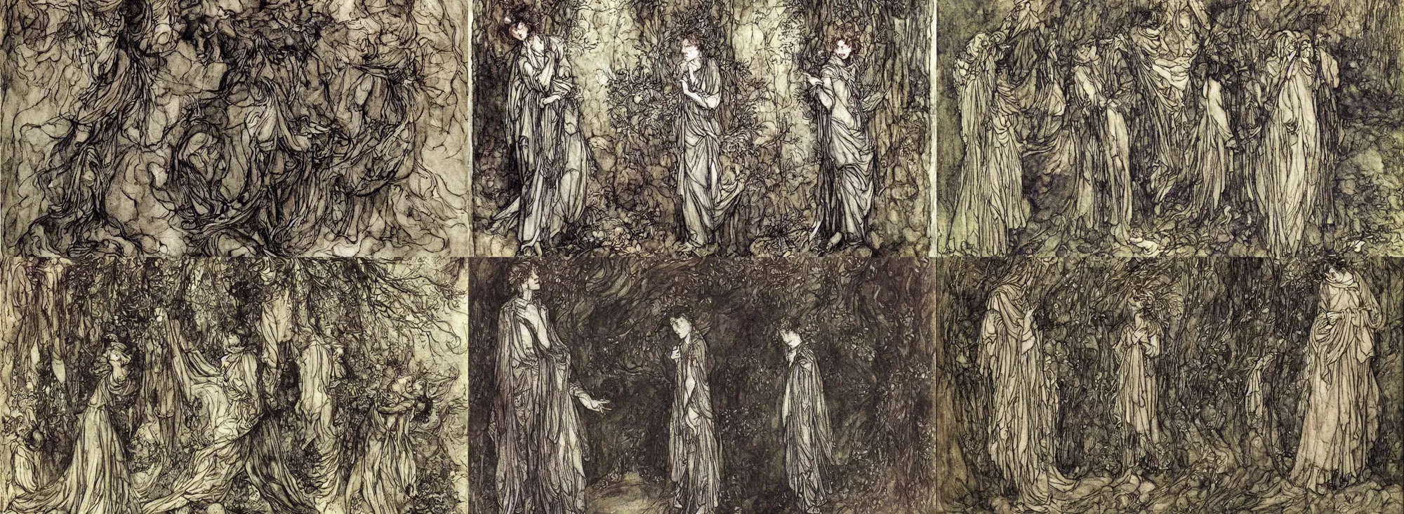 Prompt: i am the voice whose sound is manifold and the word whose appearance is multiple. i am the utterance of my name. painted by arthur rackham