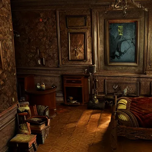 Prompt: room of a dark mansion, objects from ritual in the ground, realistic, highly detailed, unreal engine, guillermo del toro