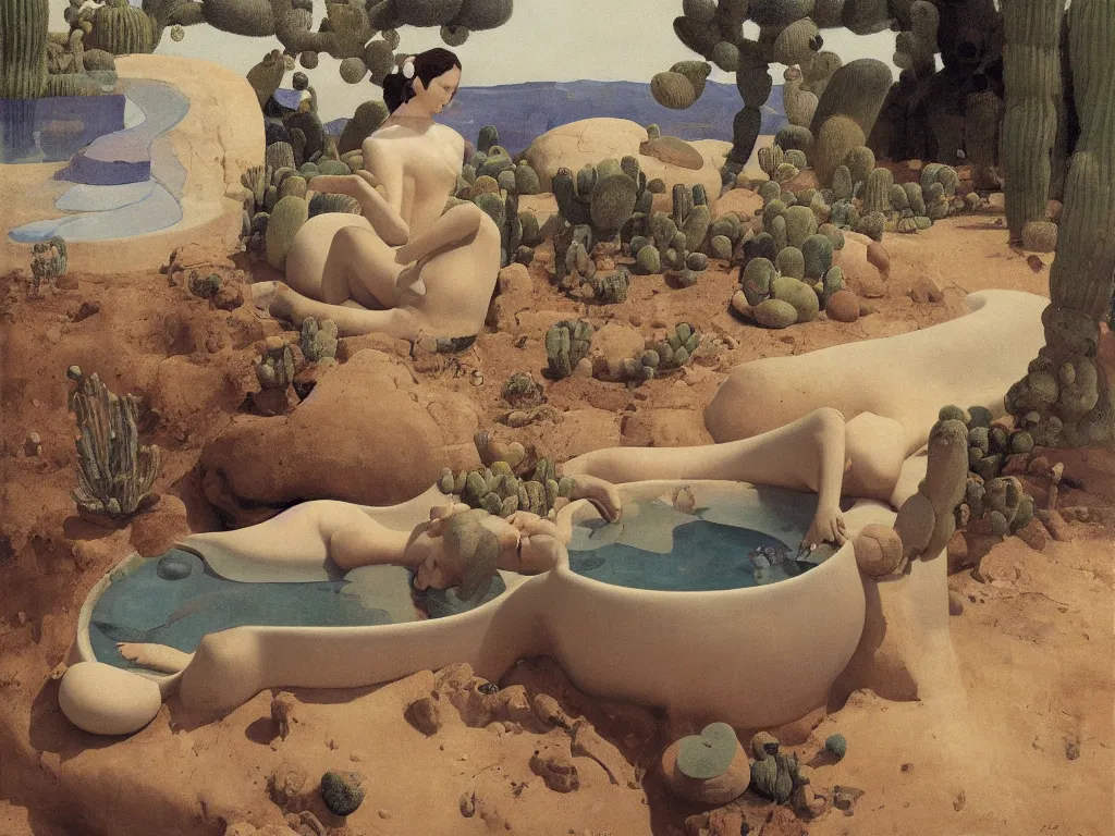 Prompt: Woman sculpted by Henri Moore taking a milk bath alone in a strange, giant ceramic basin sculpted river. Alien, selenar, crater landscape with efflorescent strange cacti. Blue light. Painting by Georges de la Tour, Alex Colville, Balthus