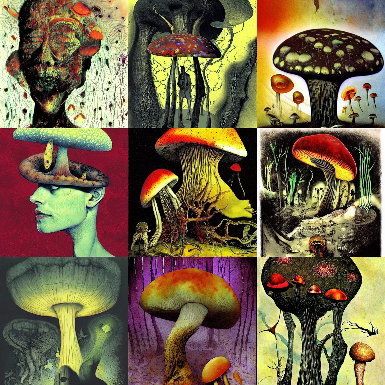 Image similar to psychedelic mushrooms psilocybin dream, no fears, okay one fear, by dave mckean