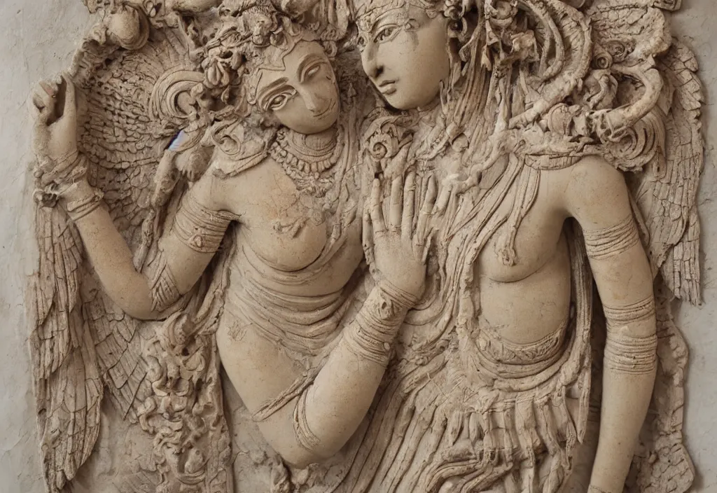 Prompt: high relief indian sculpture of winged demon woman, made of polychrome plaster stucco, painted, middle eastern, cracked, dirty, low relief rococo style patterns on border, realistic, on a large marble wall, highly detailed, photography, high contrast, masterpiece,