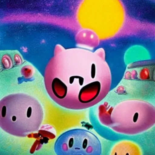 Image similar to kirby consuming the universe, kirby's dreamland as a horror movie