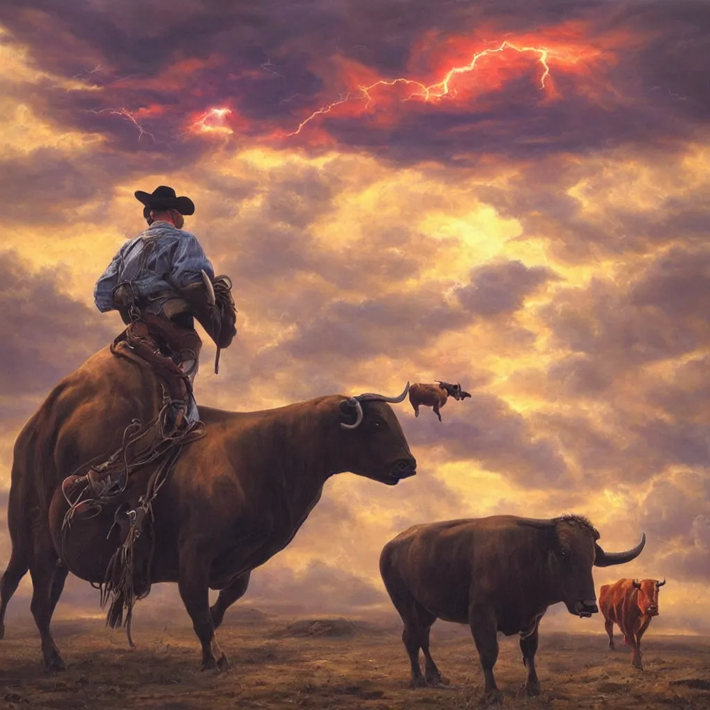 Prompt: Mark Magiori oil painting of a cowboy watching a bull get abducted by aliens, supercell cloud, extremely beautiful, amazing painting, HD, 8K, very detailed, photorealistic, hyperrealism