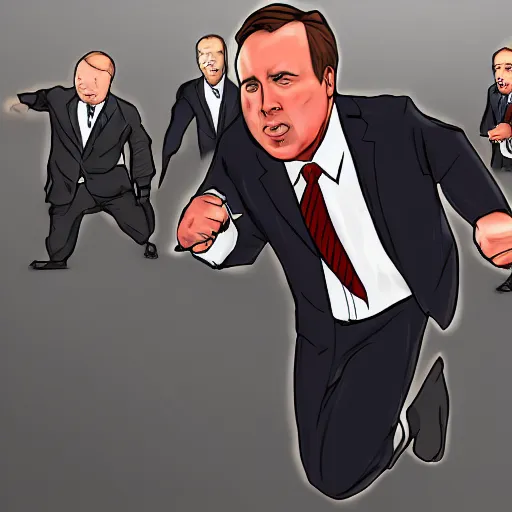 Prompt: Scared and frantic Alex Jones running from men in suits, digital painting, hype realistic, trending on art station