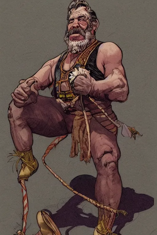 Image similar to vernon. Smug old west circus wrestler. concept art by James Gurney and Mœbius.