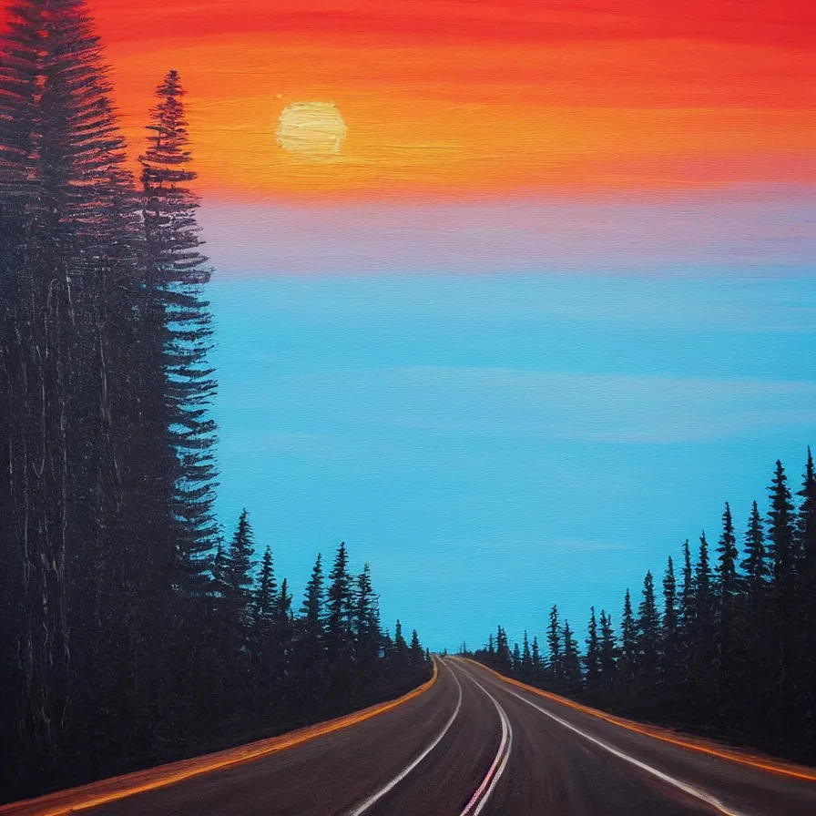 Image similar to intricate painting of a highway road leading to the horizon through a thick forest down a rocky mountain coast, the sunset is a pulsating heart of light. atmospheric good vibes