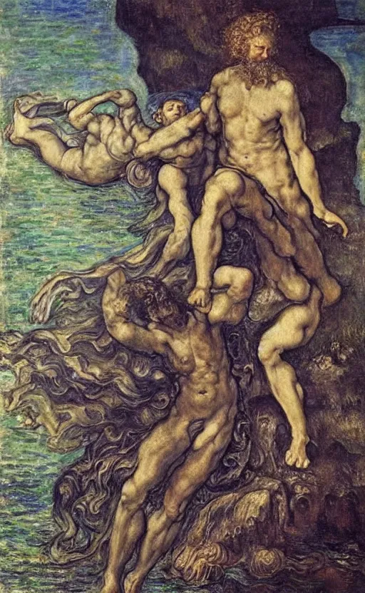 Prompt: Poseidon\'s sad love, oil painting by Dürer and Monet, mind-blowing art, very detailed, high quality