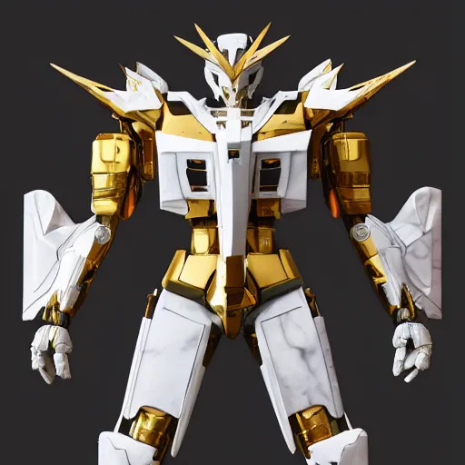 Prompt: intricate white marble and gold mecha gundam inspired full-body armour cinematic lighting mecha suit trending on artstation 8k hyperrealistic high details unreal engine 5