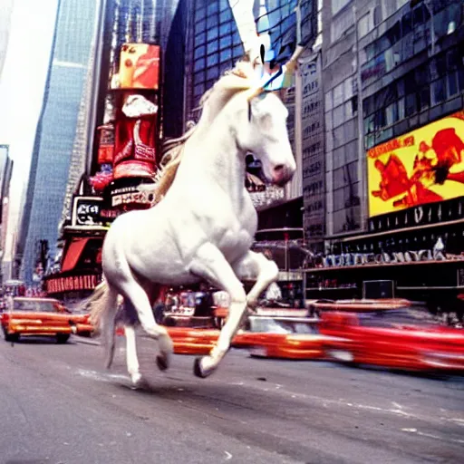 Image similar to a vivid photo of a unicorn galloping through times square in the 8 0 s