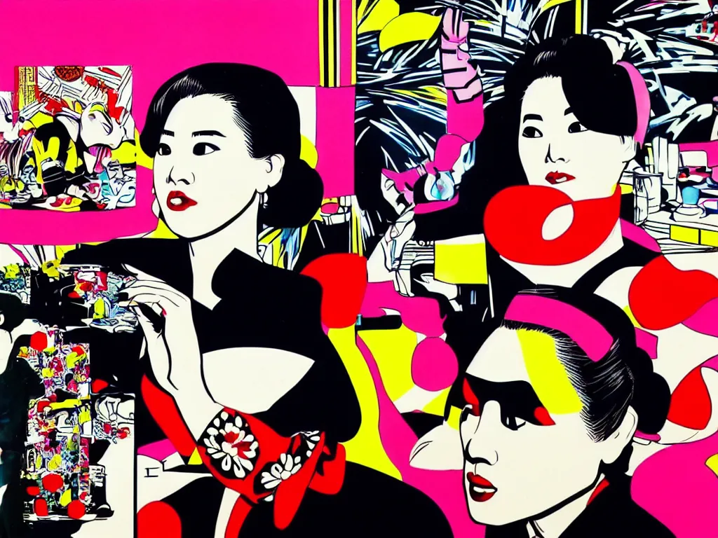 Prompt: hyperrealistic composition, in the middle a woman in a japanese kimono, behind her stands darth vader, in front of her a table from the casino, in the background is mount fuji and fireworks, pop - art style, jacky tsai style, andy warhol style, roy lichtenstein style, round canvas, acrylic on canvas