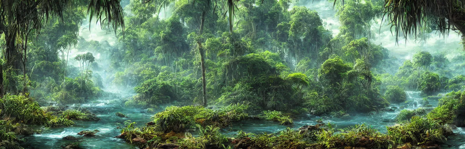 Image similar to painting of a jungle river!! scene on an alien planet by vincent bons. ultra sharp high quality digital render. detailed. beautiful landscape. weird vegetation. water.