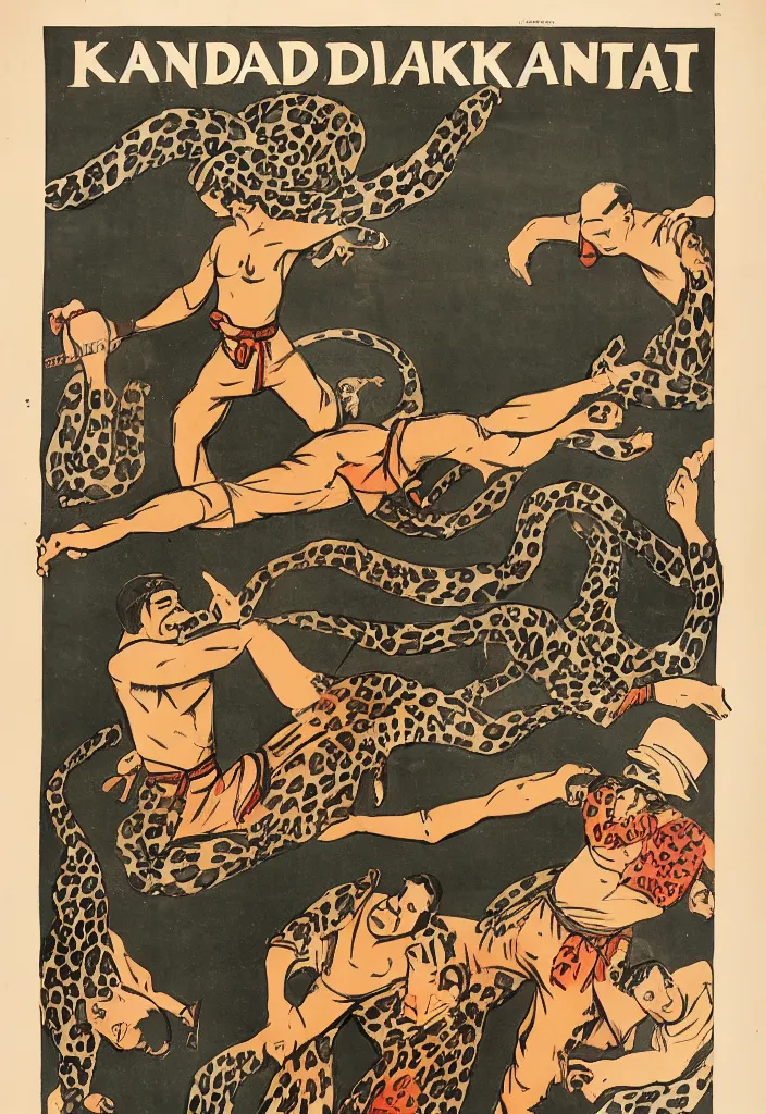 Image similar to 1 9 2 0's poster showing how to control attacking leopard with karate hand gestures, illustrating drawing, silk print