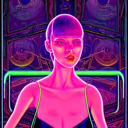 Image similar to portrait of an attractive woman dancing, ibiza techno club, night, neon lighting, by martine johanna and simon stalenhag and chie yoshii and casey weldon and wlop : : ornate, dynamic, particulate, rich colors, intricate, elegant, highly detailed, vogue, harper's bazaar art, fashion magazine, smooth, sharp focus, 8 k