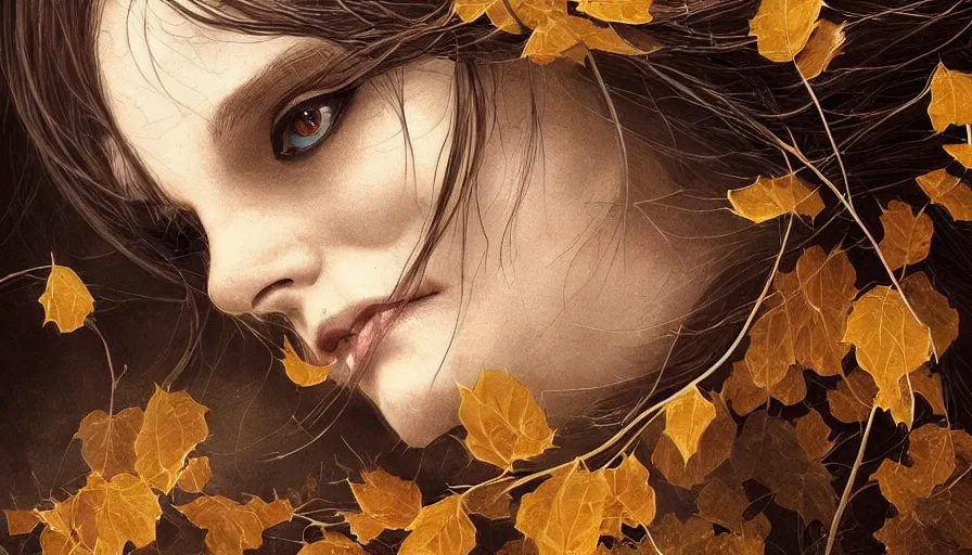 Image similar to golden leaves at frame border, creative!!! composition for a book cover!!!, absurdly beautiful, ultrafine hyperrealistic detailed old witch face by wlop and artgerm and greg rutkowski, intricate linework, sharp focus, smooth, octopath traveler, final fantasy, unreal engine, dramatic lighting, ethereal, 8 k