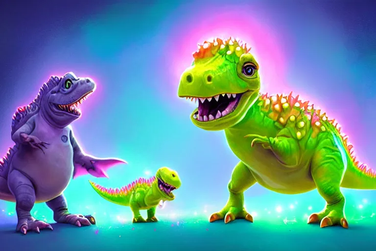 Image similar to pixar designed cute, smiling chibi style baby dinosaurs made entirely out of glowing electrified plasma, having fun inside a psychedelic realm made entirely out of love and acceptance and hypercolors. astral beings sharing love. greg rutkowski and wlop and lisa frank! and ruan jia, illustration, epic, fantasy, hyper detailed, smooth, unreal engine, sharp focus, ray tracing