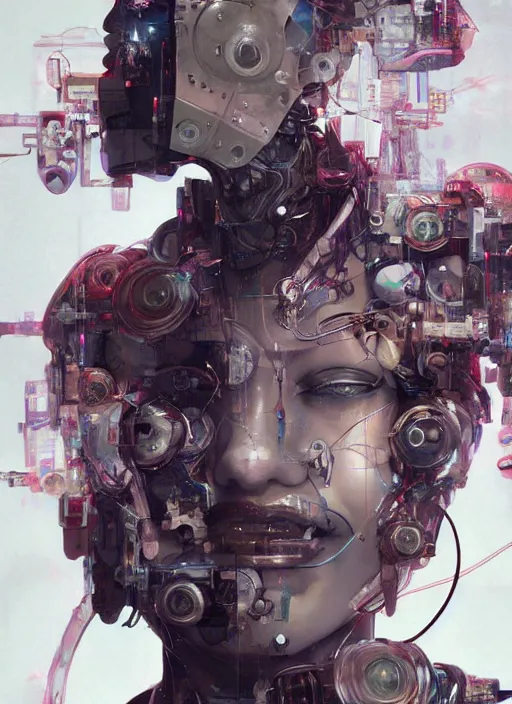 Image similar to surreal illustration, by yoshitaka amano, by ruan jia, by conrad roset, by Kilian Eng, by good smile company, detailed anime 3d render of a female mechanical android, portrait, cgsociety, artstation, modular patterned mechanical costume and headpiece, cyberpunk atmosphere