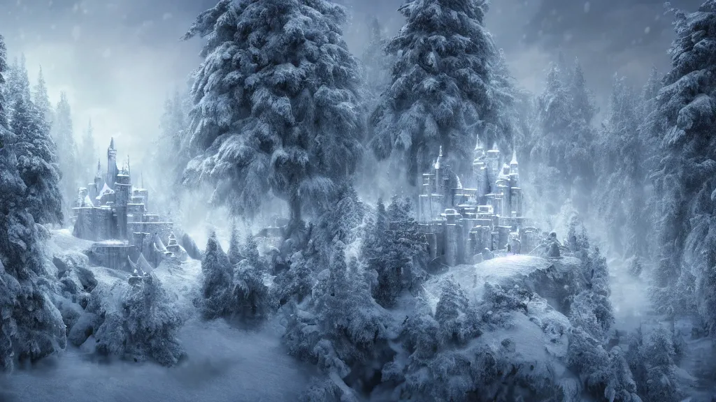 Prompt: blizzard snow castle in dense forest, Game of Thrones, volumetric lighting, fantasy artwork, very beautiful scenery, very realistic painting effect, hd, hdr, cinematic 4k wallpaper, 8k, ultra detailed, high resolution, artstation