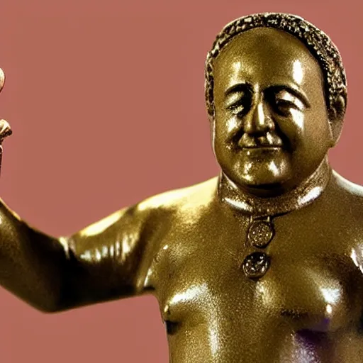 Image similar to an ancient statuette of a dancing danny devito, beautiful, priceless, hd, bejeweled, studio photography