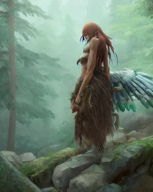 Image similar to a female anthropomorphic eagle warrior. She has two wings on her back. Her skin is covered in feathers. Forest, clearing. Full shot, wings are focus. Atmospheric lighting, By Makoto Shinkai, Stanley Artgerm Lau, WLOP, Rossdraws, James Jean, Andrei Riabovitchev, Marc Simonetti, krenz cushart, Sakimichan, D&D trending on ArtStation, digital art.