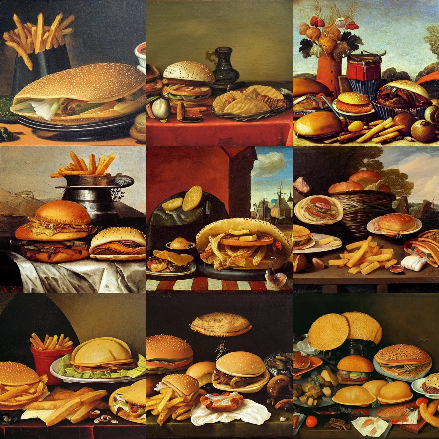 Prompt: Dutch still life from the 1600s, old oil painting: Large amount of fast food on a table, hamburger, tacos, french fries