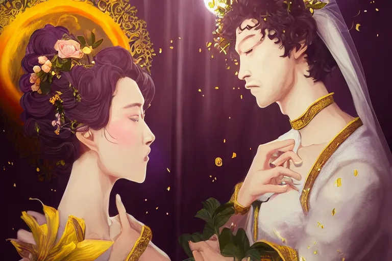 Image similar to a cinematic portrait of wedding photograph jpeg close up moment of a divine a japan sun god and moon goddess lovers magician at a wedding banquet. portraiture. digital painting. artstation. concept art. wedding photo. digital painting. violet evergarden art masterpiece by art by krenz cushart