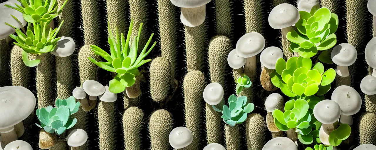 Image similar to mushroom-shaped electrostatic water condensation collector tower, irrigation, vertical gardens, cacti, in the desert, XF IQ4, 150MP, 50mm, F1.4, ISO 200, 1/160s, natural light