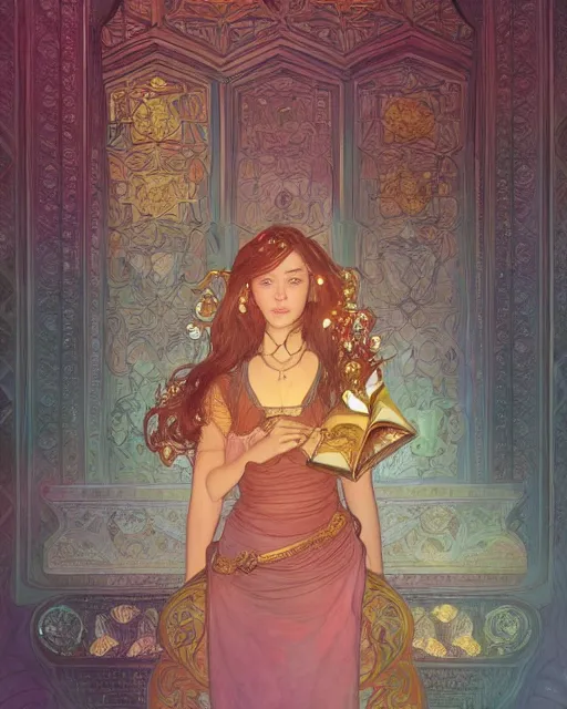 Image similar to chis pratt in front of an big open quran highly detailed, gold filigree, romantic storybook fantasy, soft cinematic lighting, award, disney concept art watercolor illustration by mandy jurgens and alphonse mucha and alena aenami, pastel color palette, featured on artstation