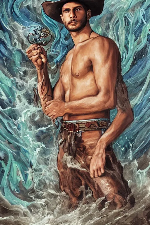 Prompt: a dramatic, epic, ethereal tarot painting of a handsome!! brown shirtless cowboy | background is a torrential flooding river | (((cowboy is wearing a hat))) | tarot card, art deco, art nouveau | by Mark Maggiori | trending on artstation