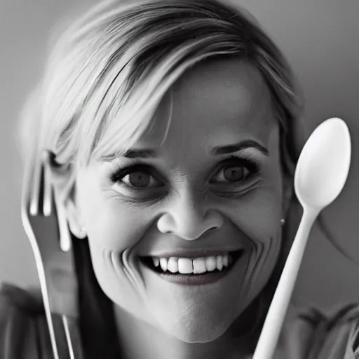 Image similar to reese witherspoon, holding a spoon, wooden spoon, cutlery, photography, smiling, portrait, soft focus