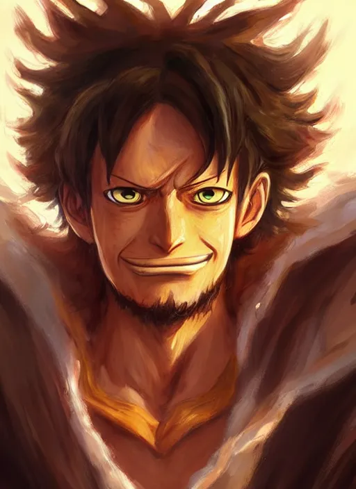 Prompt: luffy as fantasy style portrait painting of brown wavy hair beard rpg dnd oil painting unreal _ 5 _ daz. _ rpg _ portrait _ extremely _ detailed _ artgerm _ greg _ rutkowski _ greg