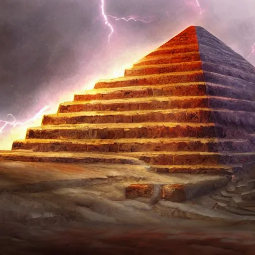 Image similar to Very muscular Devil, red fire eyes, guarding the entrance of the pyramid of Cheops, dessert, ancient world, realistic, god, dramatic lightning, very detailed, concept art