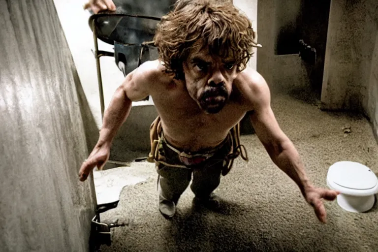 Image similar to peter dinklage climbing out of a toilet, movie still, from the new toxic avenger movie, 8 k, realistic