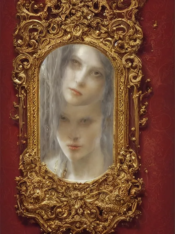 Prompt: a beautiful render of a baroque catholic mirror between the red queen and the white queen, veiled,sculpture with symmetry intricate detailed,by Lawrence Alma-Tadema, peter gric,aaron horkey,Billelis,trending on pinterest,hyperreal,jewelry,gold,intricate,maximalist,glittering,golden ratio,cinematic lighting