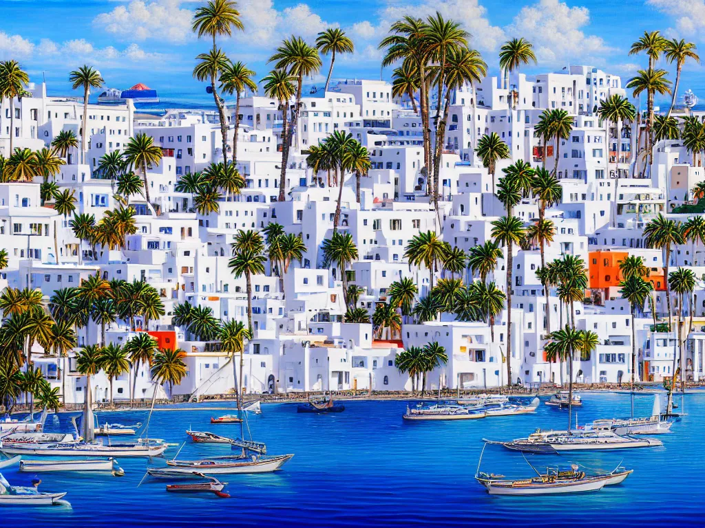 Image similar to hyperrealistic painting of lanzarote, mechanical designs, white houses and palms, boats, technological, detailed engineering, vivid color, elegant, meticulous, cinematic, cyberpunk style, highly detailed, realism, intricate, acrylic on canvas, 8 k resolution, concept art, by noriyoshi ohrai, francesco di giorgio martini