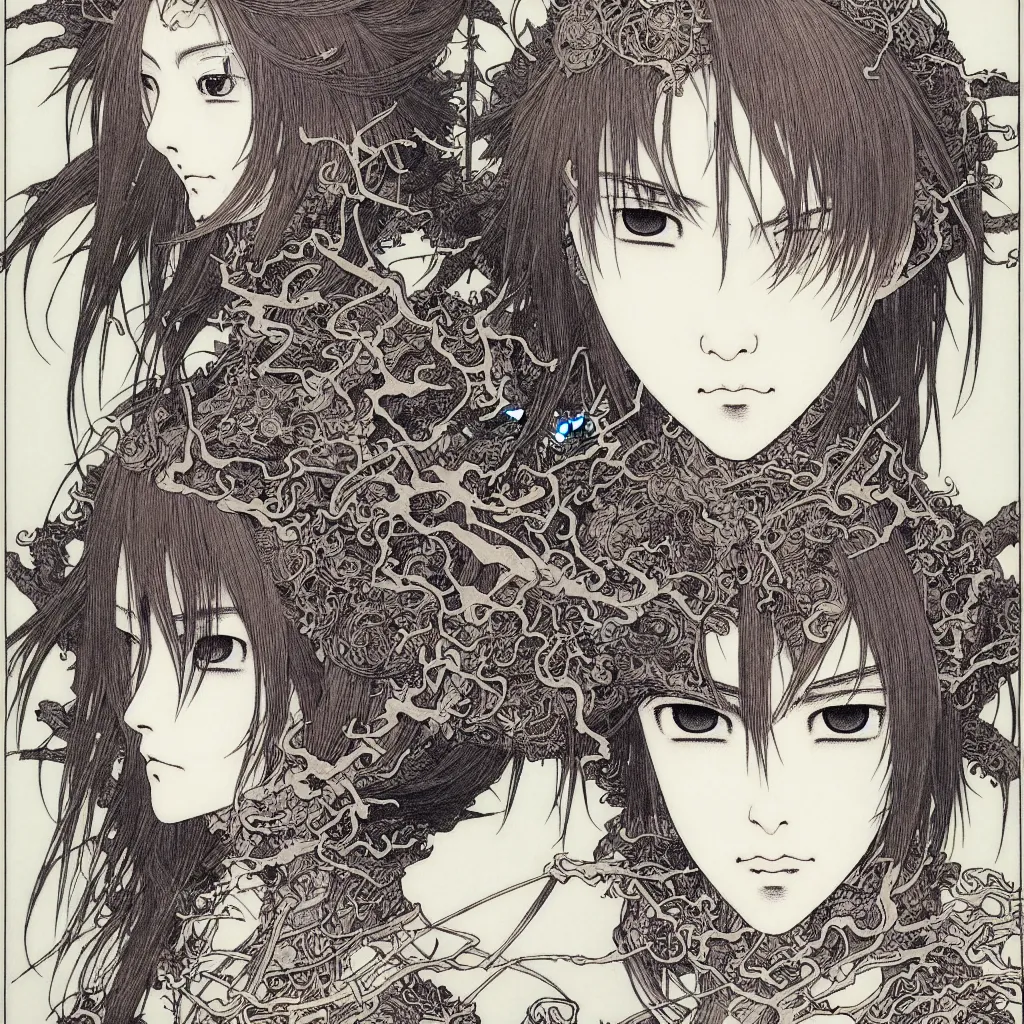 Image similar to prompt: human Fragile looking character portrait face drawn by Takato Yamamoto, Human inside modernistic looking armor with wild hairstyle, inspired by Evangeleon, clean ink detailed line drawing, intricate detail, manga 1980, poster composition