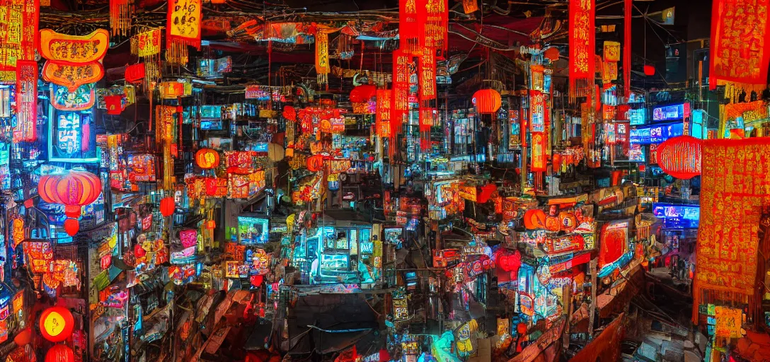 Image similar to ancient chinese cyberpunk shrine, photograph, ultra wide angle, sharp focus, intricate detail, drone shot, high resolution, 8 k, neon streetlights, holographic advertising board hanging everywhere, vivid color